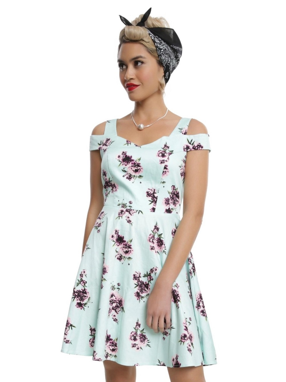 Hot Topic Mint Floral Cold-Shoulder Fit & Flare Dress